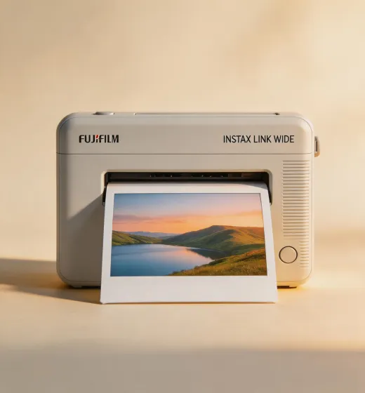 Instax Link WIDE printer printing a landscape photo