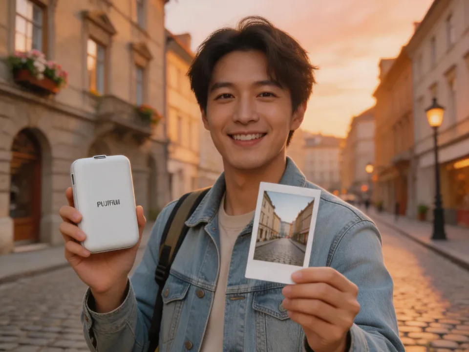 Travel creator holding Instax Mini Link 3 in a scenic location